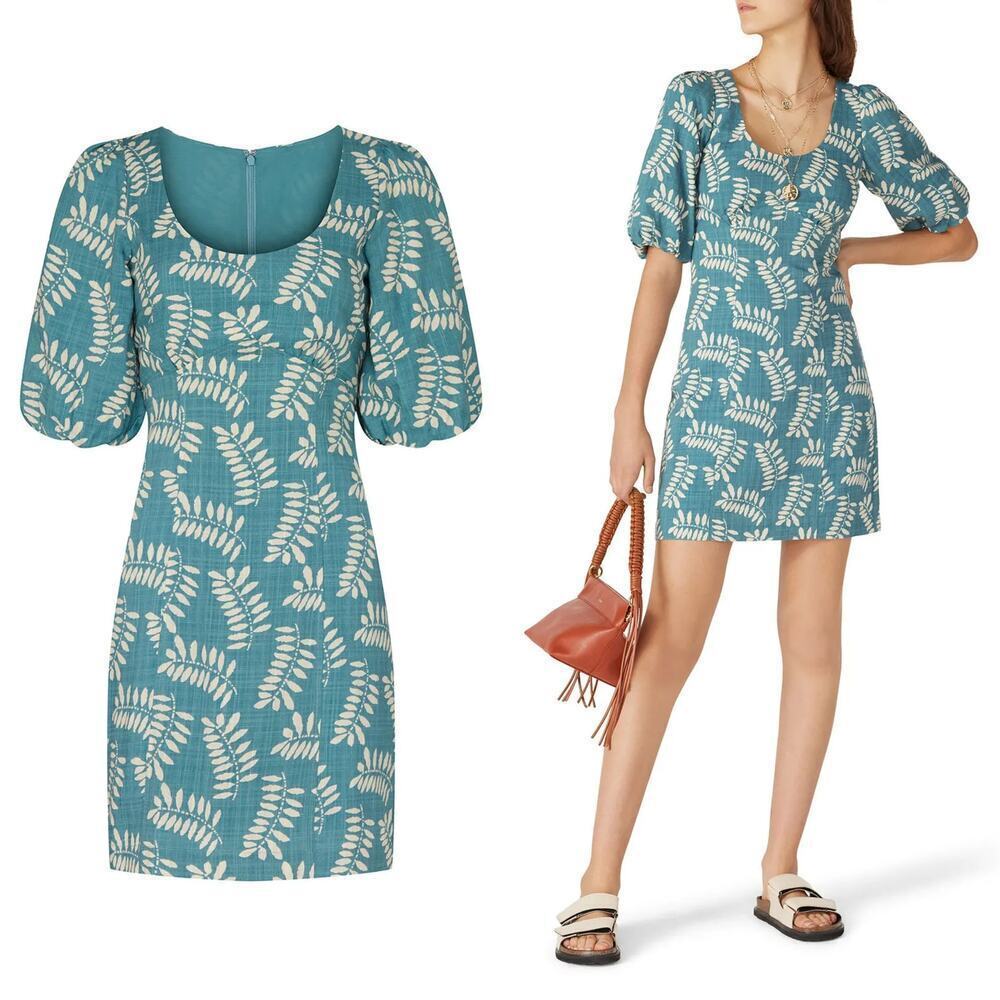 Parker Cammi Dress Leaf Print Short Puff Sleeve Scoop Neck Mini Sheath Green 2 - Picture 2 of 9